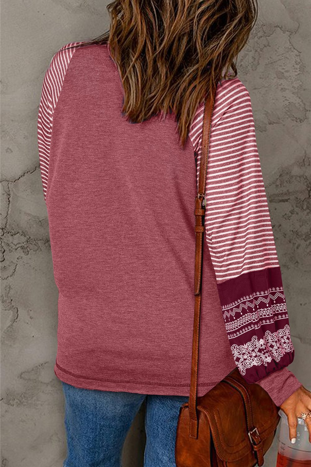 Mineral Red Contrast Print Striped Raglan Long Sleeve Loose Top