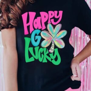 Black Happy Go Lucky Clover Print Crew Neck T Shirt