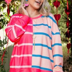 Rose Stripe Color Block Crewneck Long Sleeve Plus Size T Shirt