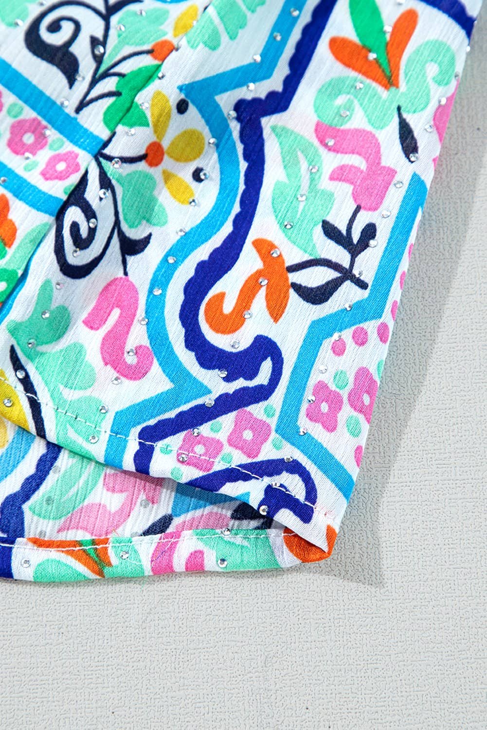 White Rhinestone Boho Floral Printed Spaghetti Strap Tank Top