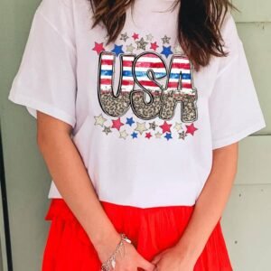 White Patriotic Star Leopard Usa Letter Graphic T Shirt