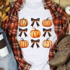 White Halloween Pumpkin Bow Knot Print Crew Neck Tee
