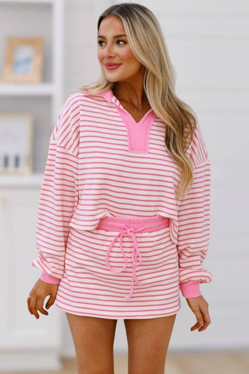 Pink Stripe Collared V Neck Drop Shoulder Pullover And Skort 2Pcs Outfit