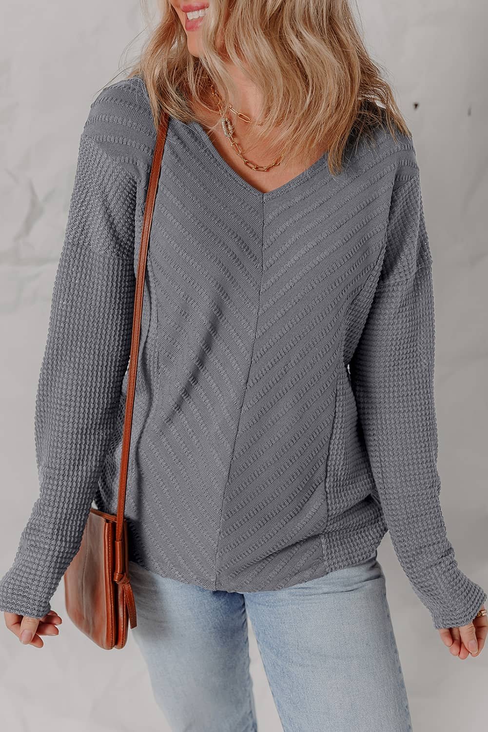 Sleet V Neck Chevron Texture Patchwork Long Sleeve Knit Top