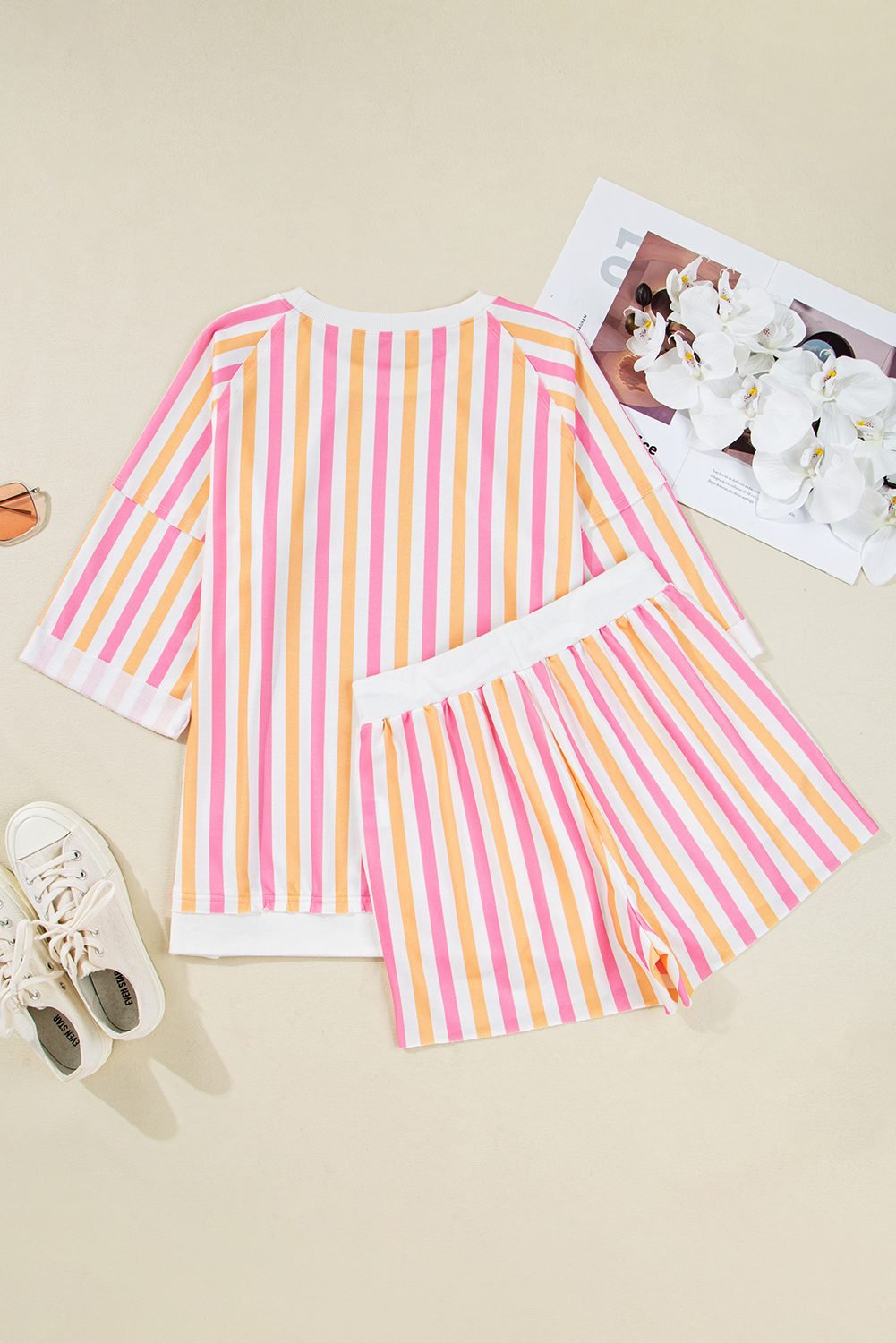 Pink Stripe Drop Shoulder Half Sleeve Loose Tee And Shorts Casual Set