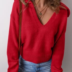 Racing Red Collared V Neck Ribbed Edge Sexy Elegant Sweater