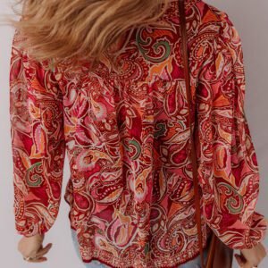 Multicolour Ethnic Paisley Print Tassel Tie Puff Sleeve Boho Blouse