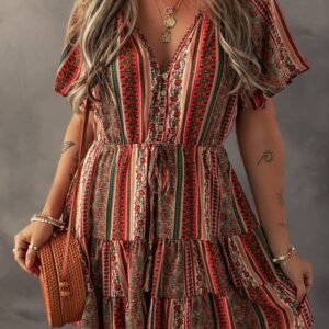 Red Bohemian Floral Print Buttoned V Neck Ruffle Tiered Dress