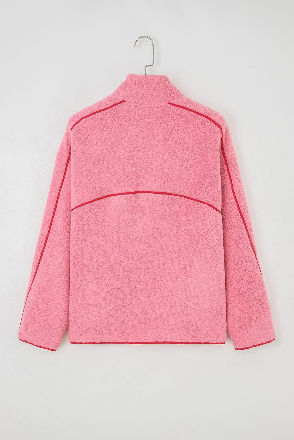 Strawberry Pink Sherpa Contrast Faux Leather Trim Half Zip Pocketed Pullover Sweatshirt