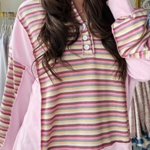 Pink Exposed Seam Color Block Striped Patchwork Loose Henley Sweatshirt