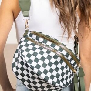 Blackish Green Checkered Print Wide Strap Large Crossbody Bag