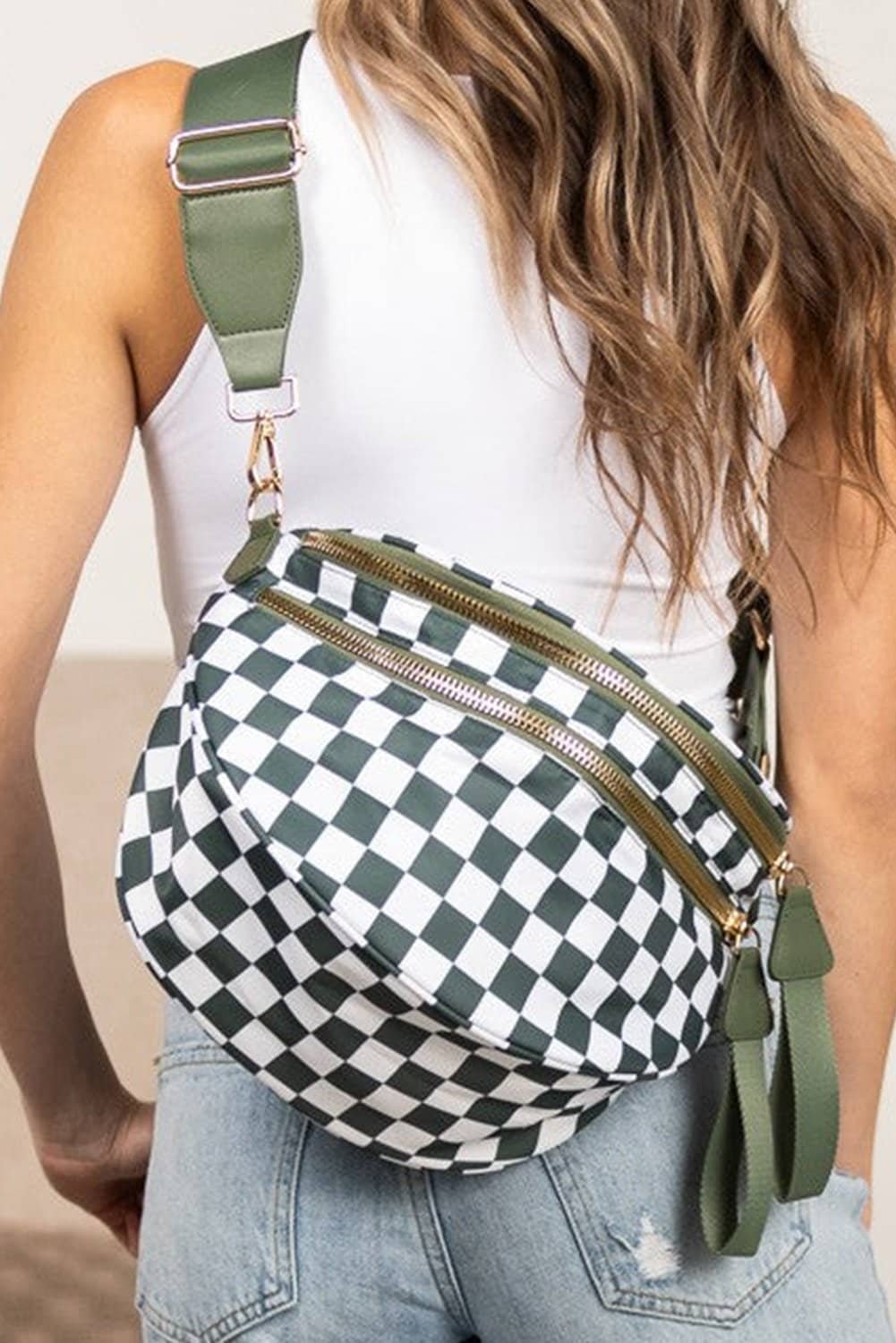 Blackish Green Checkered Print Wide Strap Large Crossbody Bag