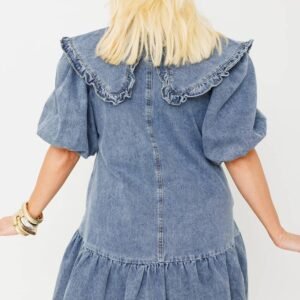 Dusk Blue Ruffled Collared Side Pockets Puff Sleeve Denim Mini Dress