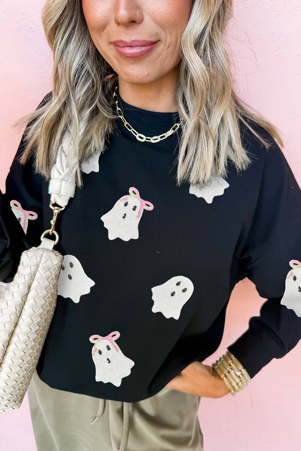 Black Sequin Cute Bow Ghost Graphic Crew Neck Halloween Sweatshirt