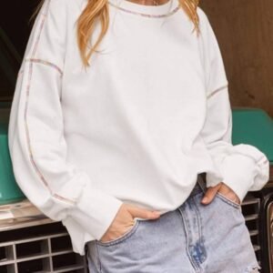White Contrast Rainbow Trim Drop Shoulder Pullover Sweatshirt