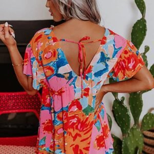 Pink Abstract Print V Neck Flutter Sleeve Blouse