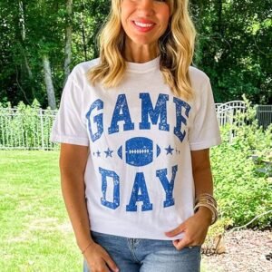 White Game Day Rugby Football Graphic Crewneck T Shirt