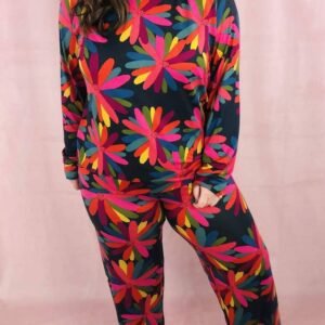 Black Plus Size Printed Long Sleeve And Pants Lounge Set