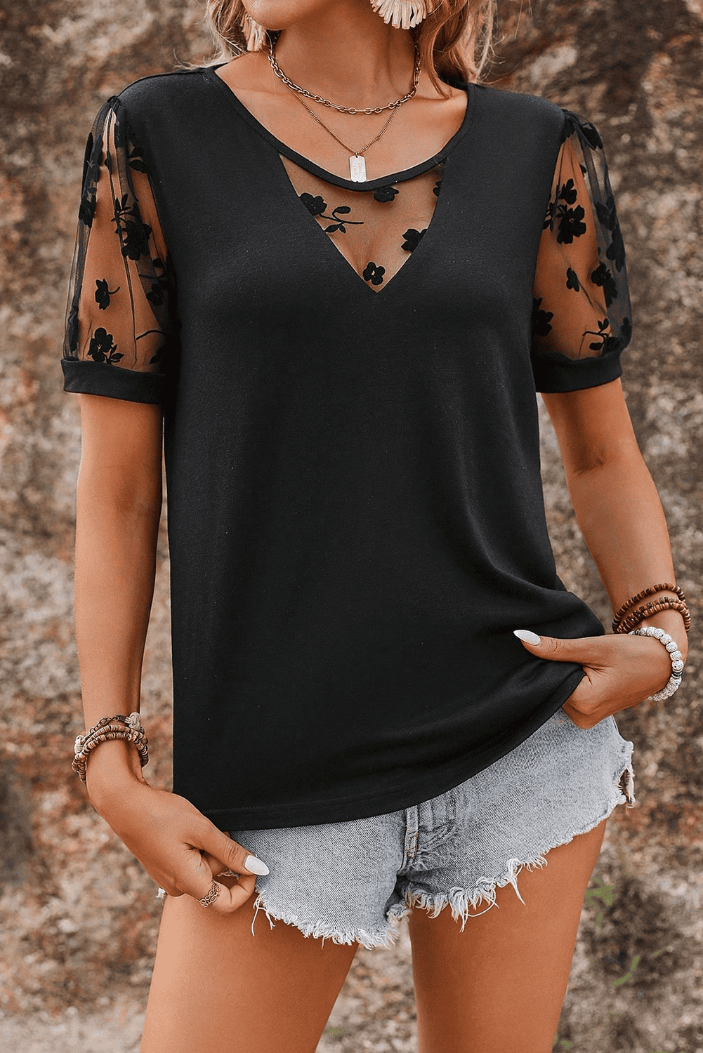 Black Flora Lace Patchwork Crew Neck T Shirt