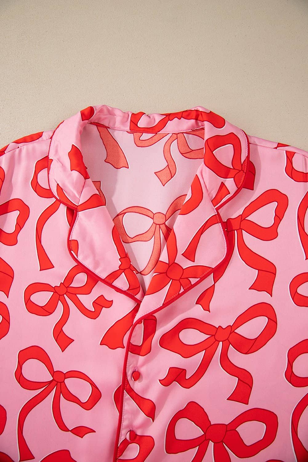 Pink 2Pcs Bow Print Shirt Style Long Sleeve Pajama Set