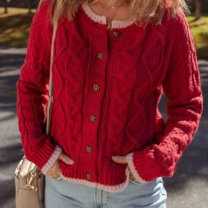 Racing Red Color Contrast Edge Cable Knit Buttoned Cardigan