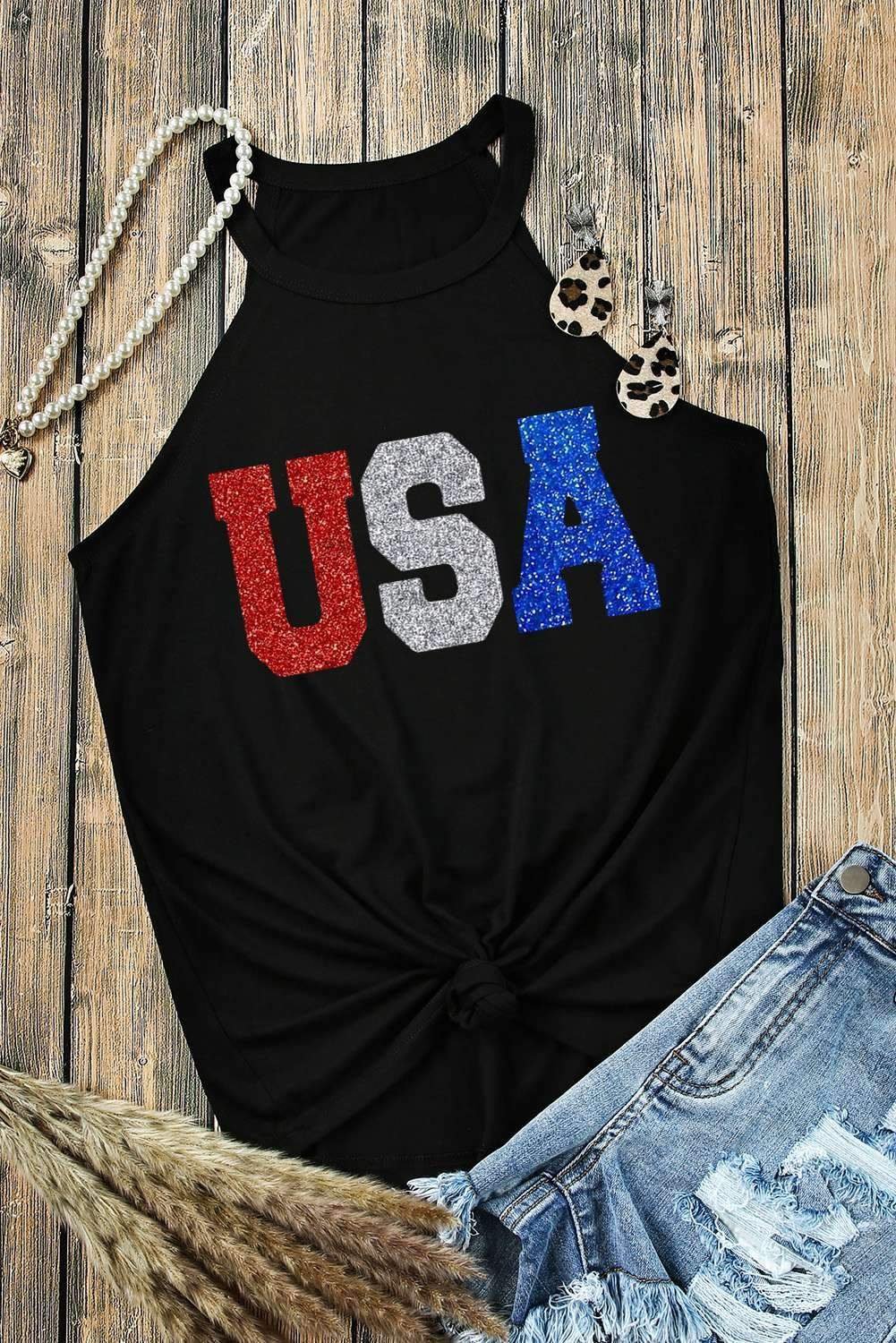 Black Glitter Usa Letters Graphic Tank Top