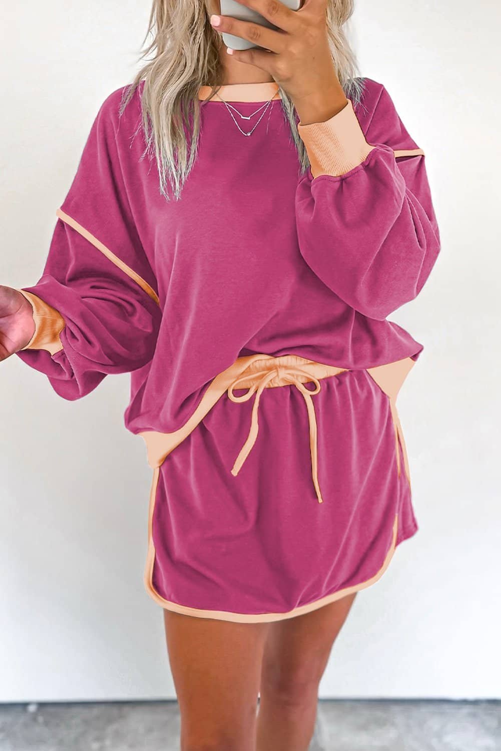 Rose Red Color Contrast Loose Pullover And Lace-Up Waist Skort Set