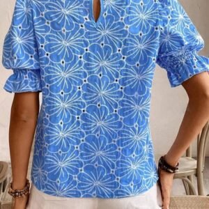 Sky Blue Eyelet Flower Embroidery Frilled Short Puff Sleeve Blouse