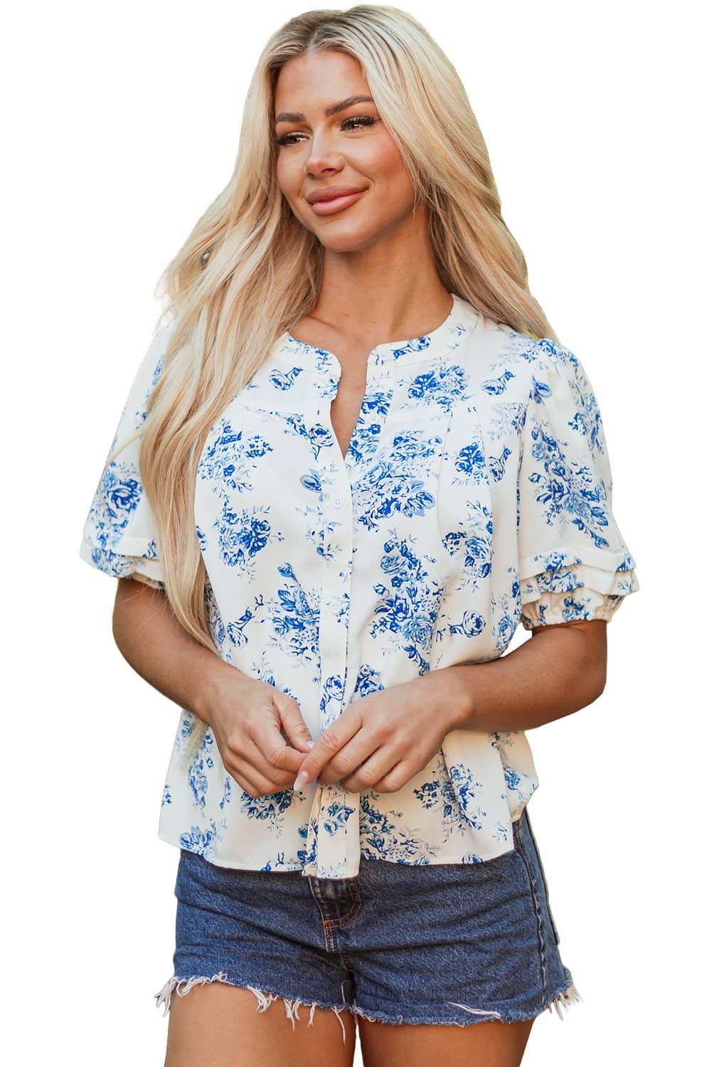 Sky Blue Floral Tiered Puff Short Sleeve Pleated Bust Buttoned Casual Shirt