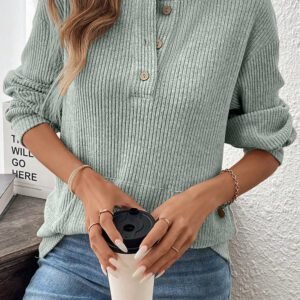 Clearly Aqua Ribbed Texture Drop Shoulder Henley Knit Top