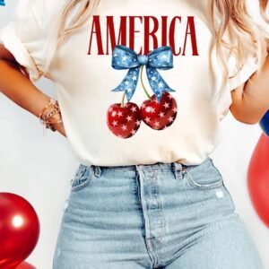 White America Bow Cherry Print Crewneck T Shirt
