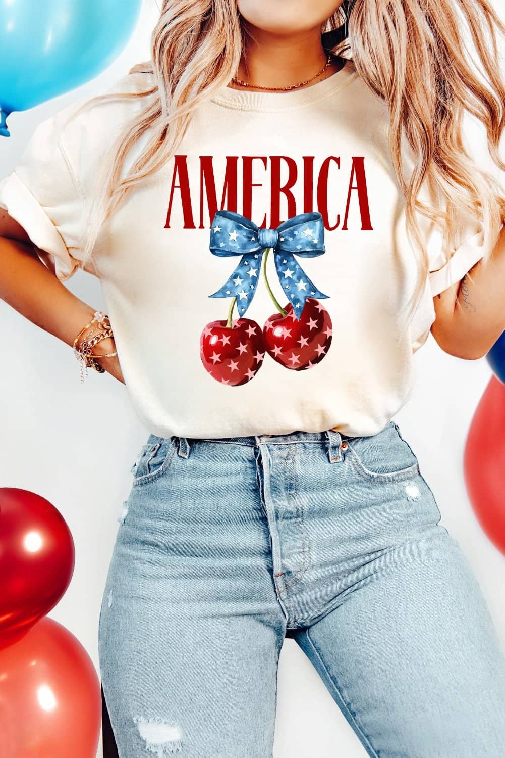 White America Bow Cherry Print Crewneck T Shirt