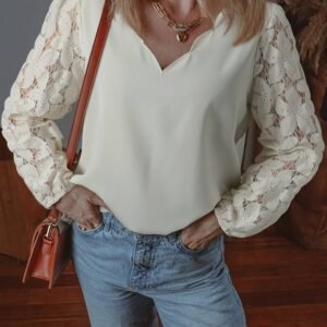 White Scalloped V Neckline Lace Hollowed Lantern Sleeve Blouse