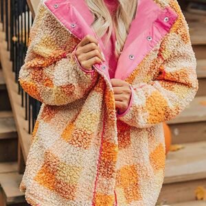 Orange Checkered Sherpa Hooded Jacket