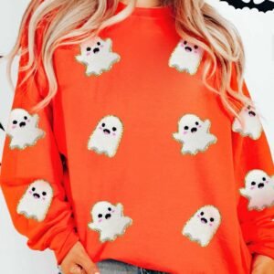 Orange Halloween Ghost Cute Patched Pattern Holiday Sweatshirt