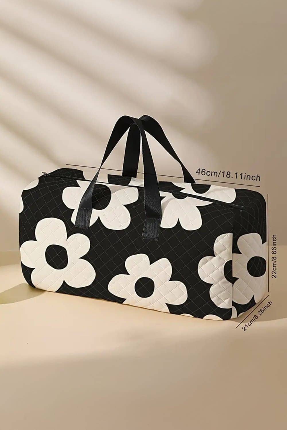 Black Flower Print Quilted Large Duffel Bag