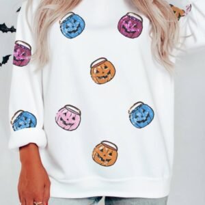 White Halloween Pumpkin Lantern Sequin Patched Sweatshirt