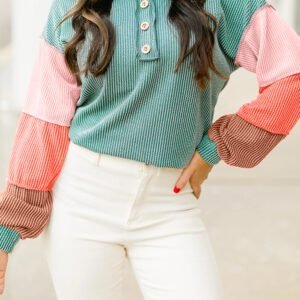 Multicolour Twisted Ribbed Knit Colorblock Henley Top