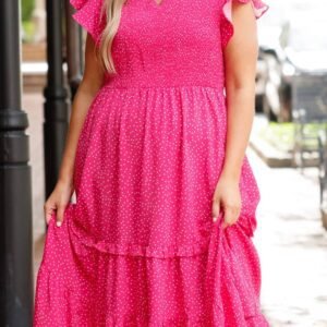 Rose Polka Dot Print Ruffled Smocked High Waist Plus Midi Dress