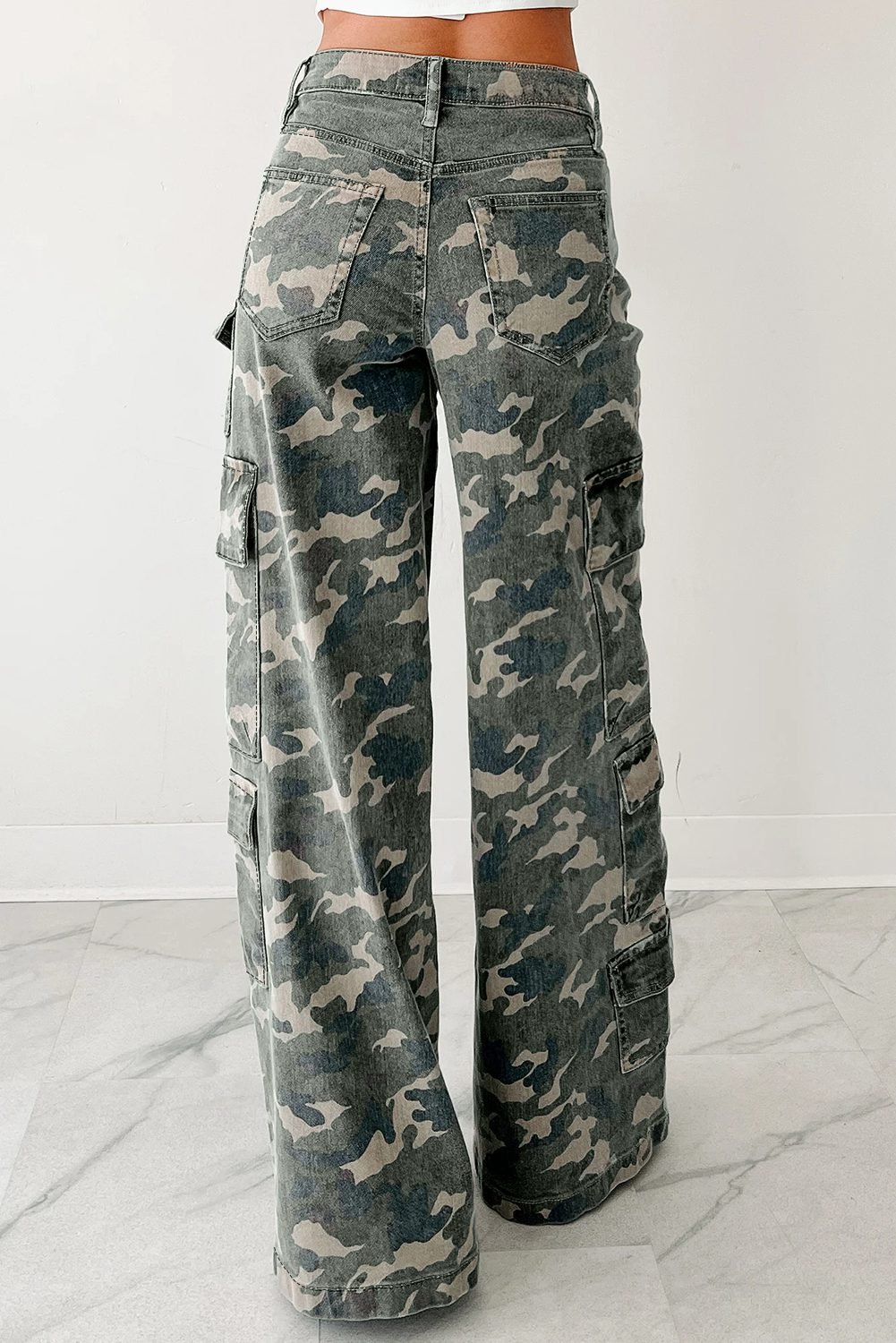 Green Camo Denim Cargo Wide Leg Pants