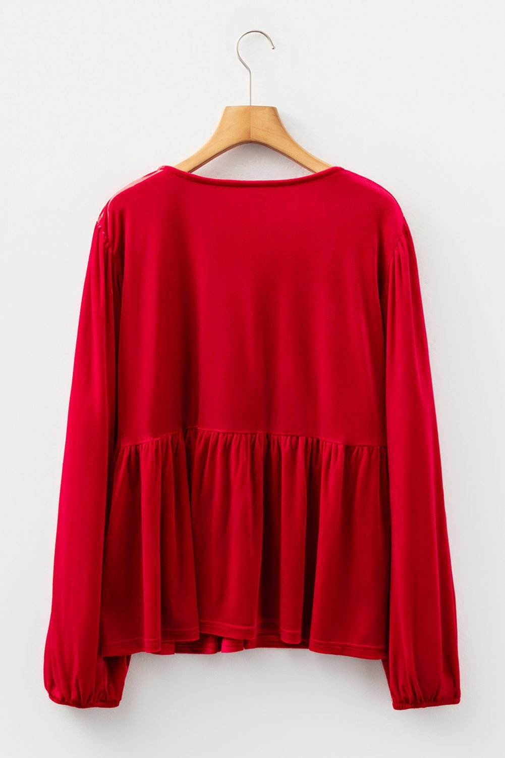 Red Clay Plus Size Tie Front Velvet Peplum Blouse