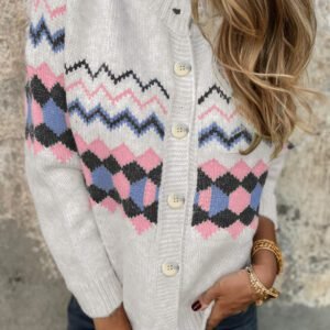 Pink Stripe Geometric Button Up Sweater Cardigan