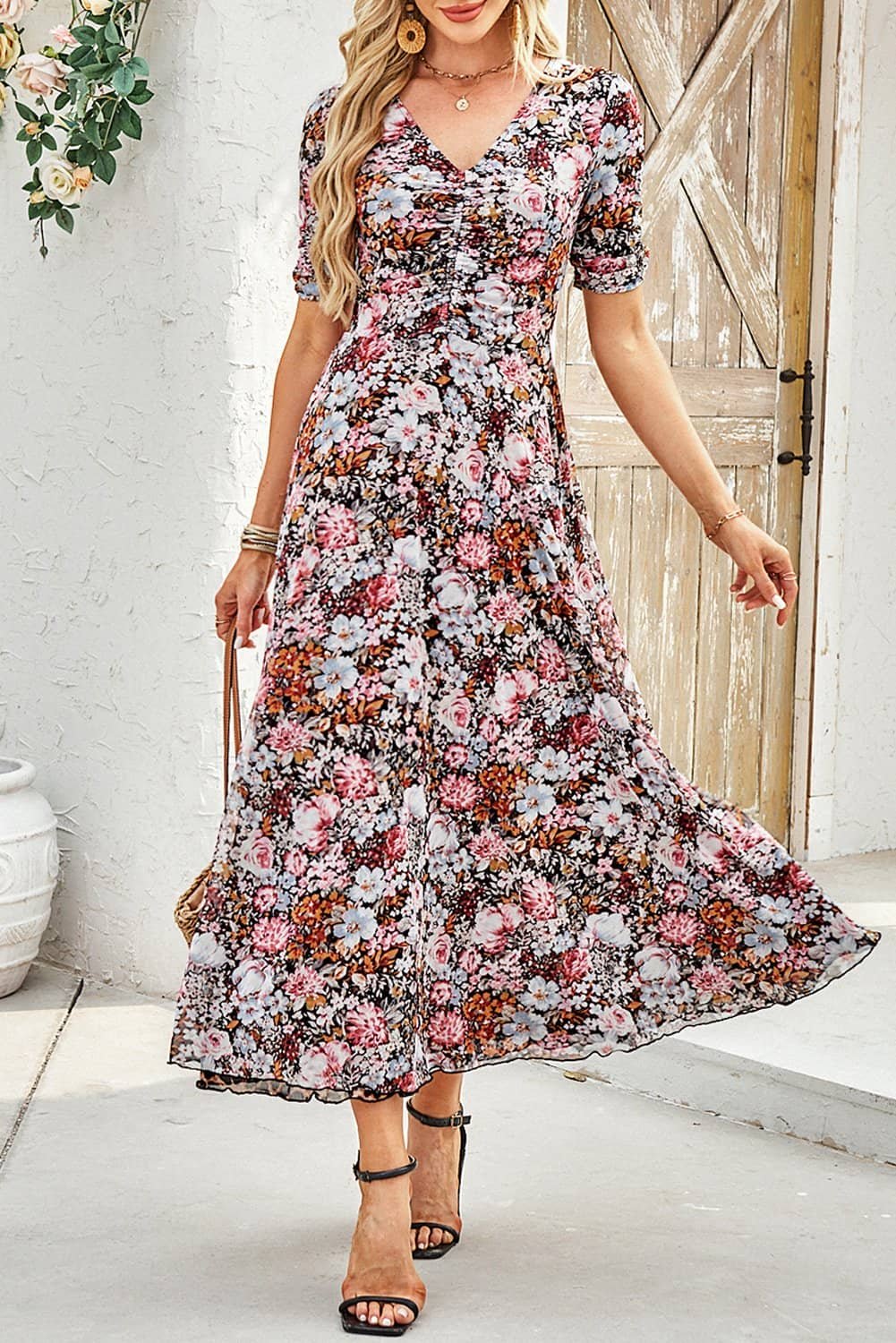 Brown Mesh Leopard Floral Reversible V Neck Short Sleeve Dress