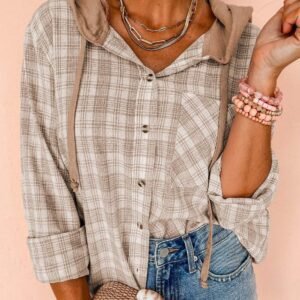 Khaki Checkered Print Loose Fit Buttoned Hooded Shacket