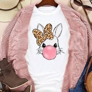 White Leopard Bow Bubble Rabbit Graphic Tee