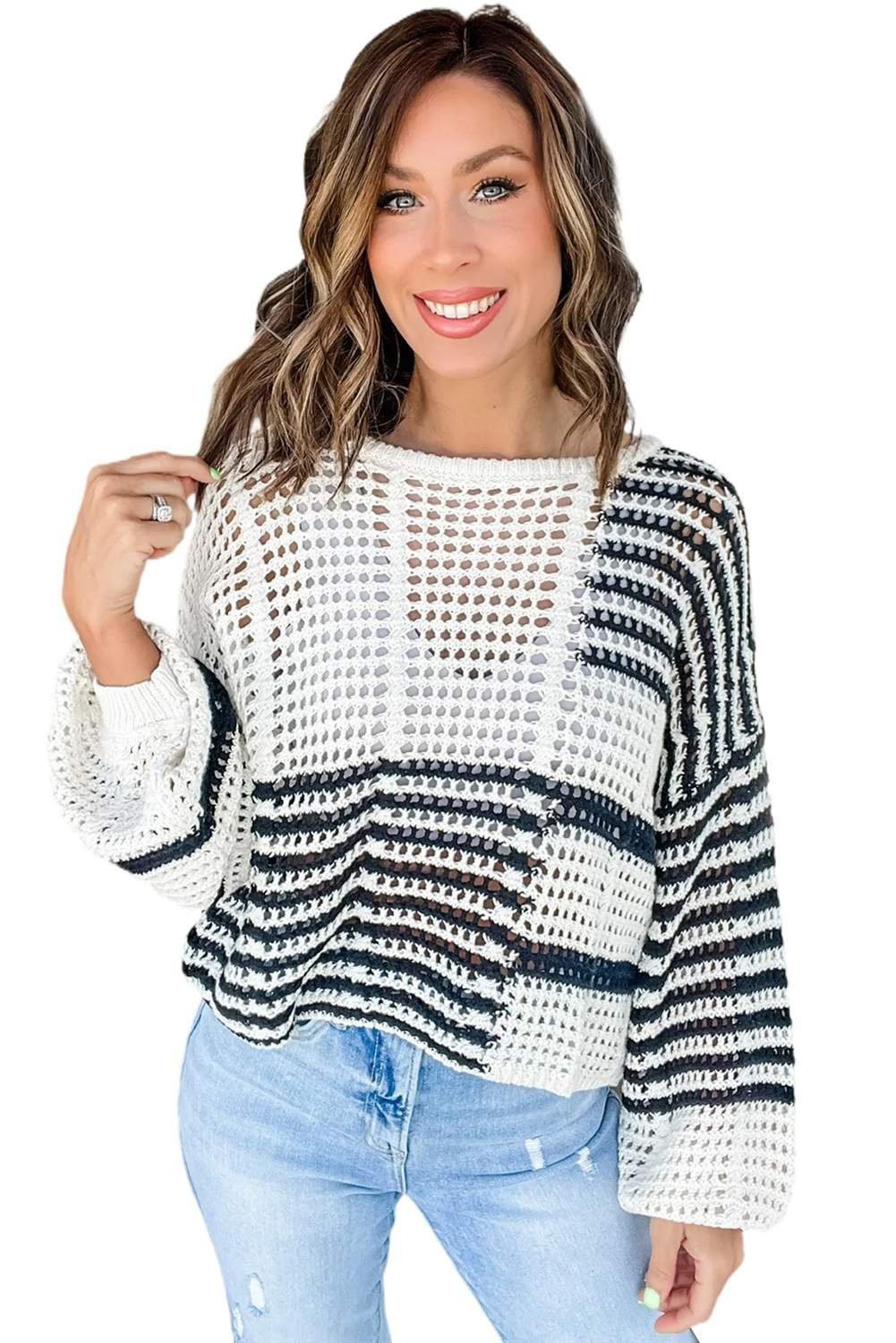 White Stripe Hollow-Out Openwork Knit Puff Sleeve Sweater