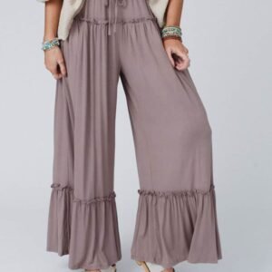 Khaki Frilled Drawstring High Waist Wide Leg Pants