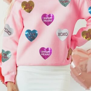Pink Sequin Romantic Letters Heart Graphic Valentines Sweatshirt