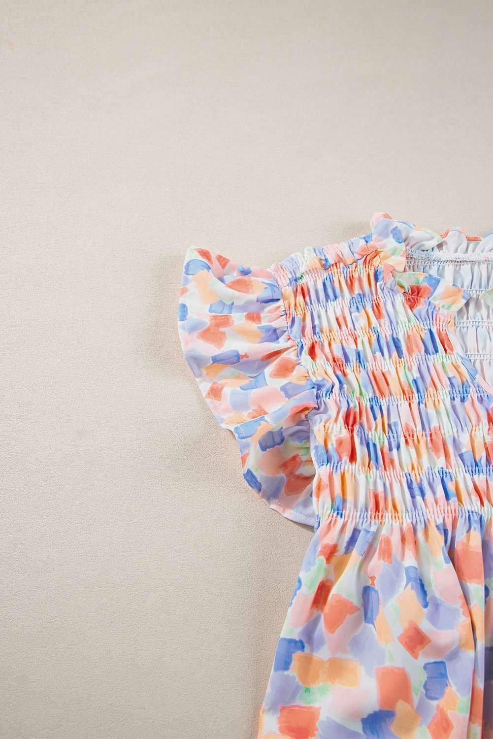 Pink Shirred Yoke Ruffled Abstract Printed Blouse