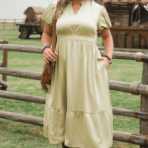 Laurel Green Notched V Neck Puff Sleeve Tiered Plus Size Maxi Dress